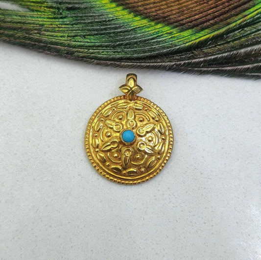 18k Solid Yellow Gold Turquoise Pendant 17mm Antique Jewelry