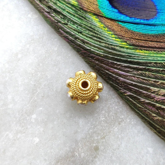 18K Gold Engrave Pearl stone Rondelle Spacer Bead 10mm