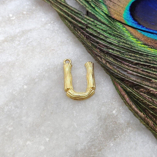 18k Solid Yellow Gold U initial Letter Charm Pendant