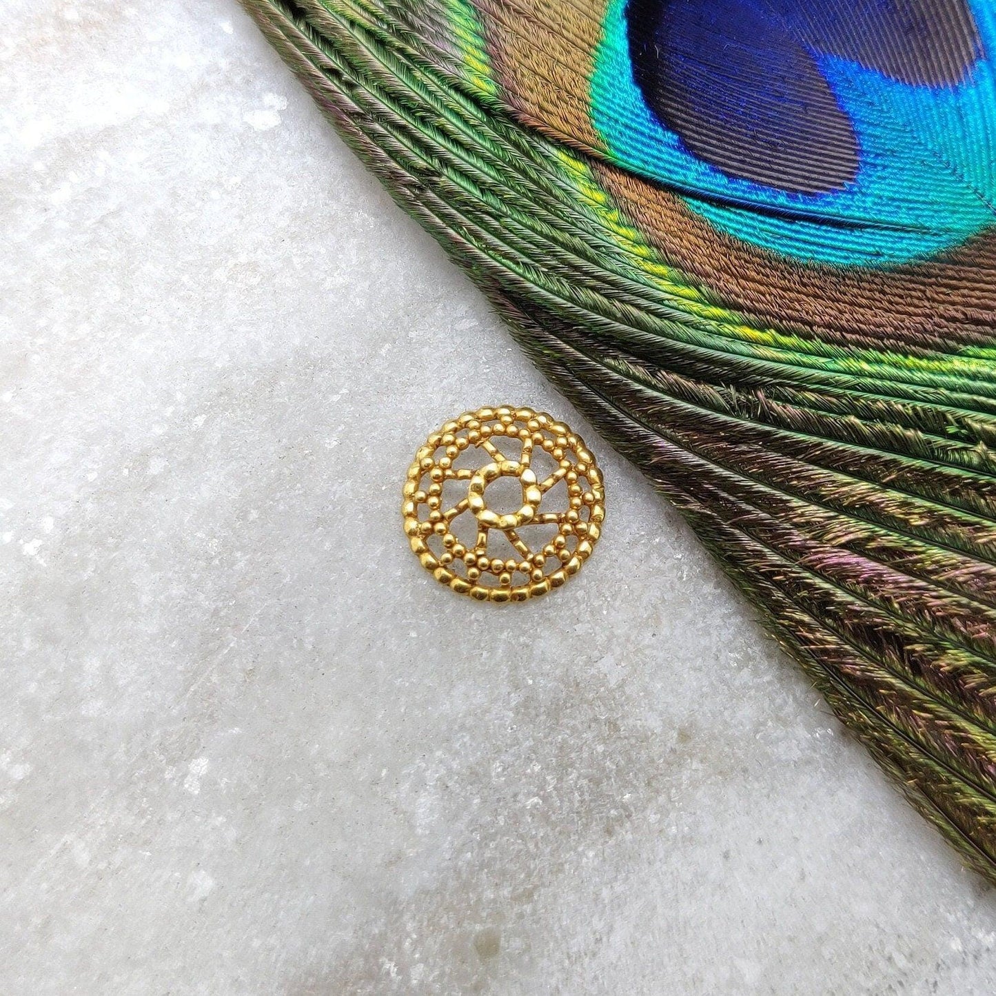 18K Solid Yellow Gold-Plated Wheel Spacer Bead Cap with Unique Wheel Motif