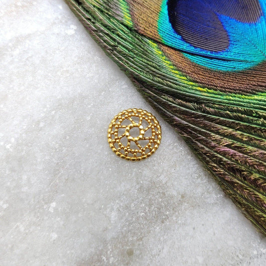 18K Solid Yellow Gold-Plated Wheel Spacer Bead Cap with Unique Wheel Motif