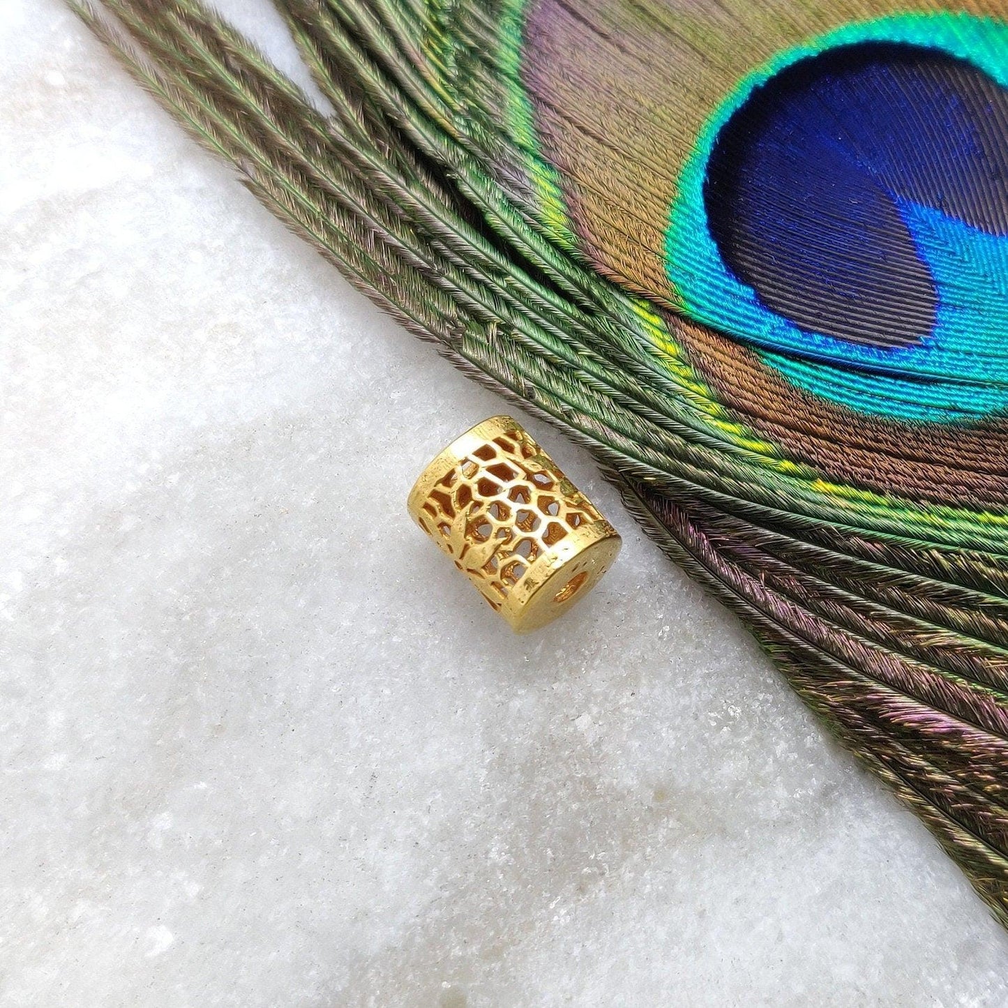 18K Solid Gold Fancy Texture Drum Gold Spacer Bead 10mm