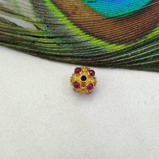 18K Solid Yellow Gold Stone Studded Round Beads 9mm