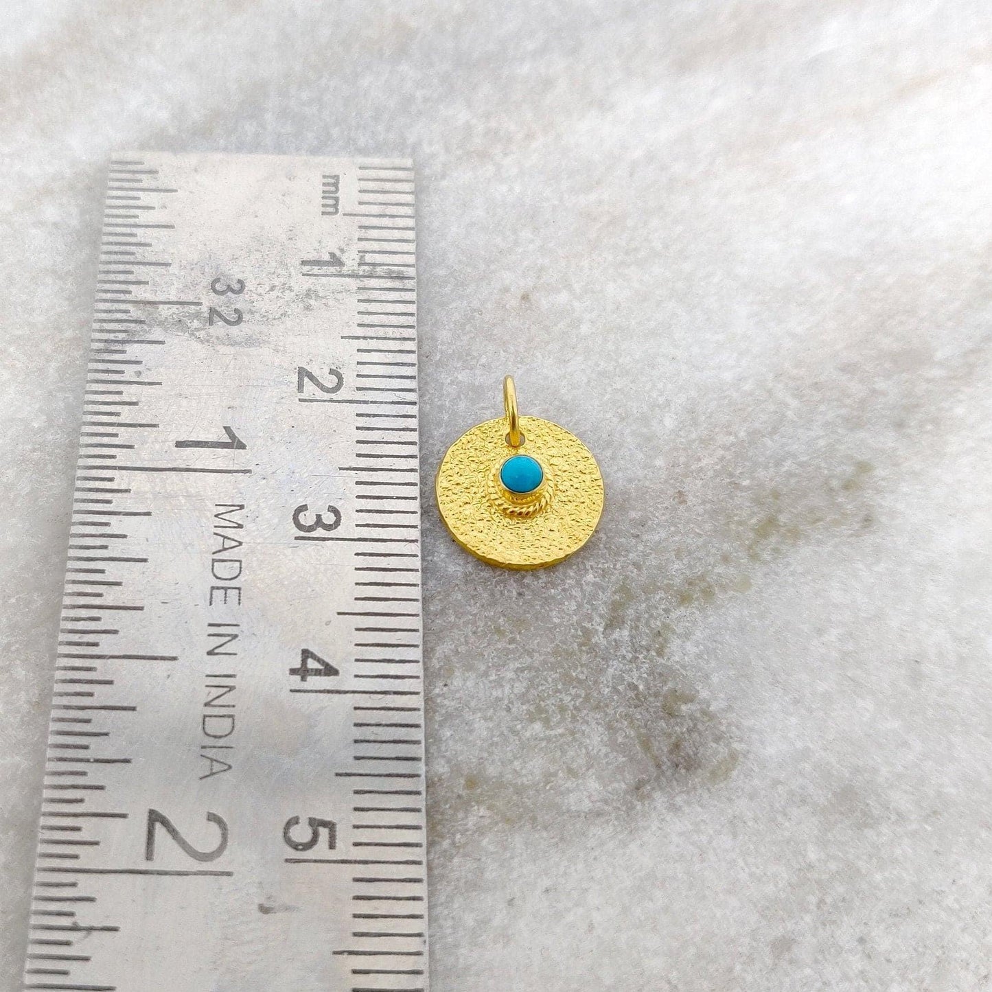 18k Solid Yellow Gold Turquoise Round Charm Pendent 12mm - Sar Gems