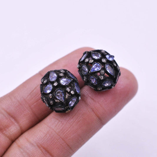 925 Sterling Silver Pave Diamond & Tanzanite Spacer Beads