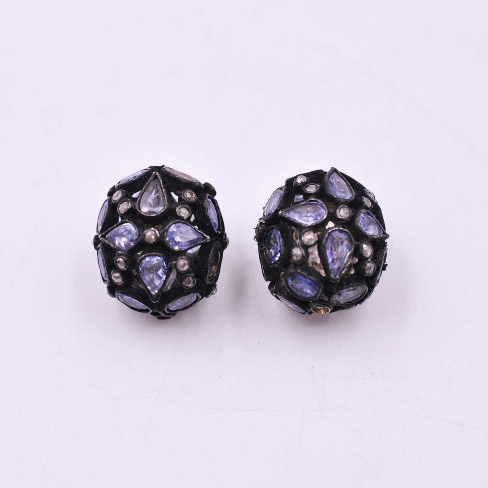925 Sterling Silver Pave Diamond & Tanzanite Spacer Beads