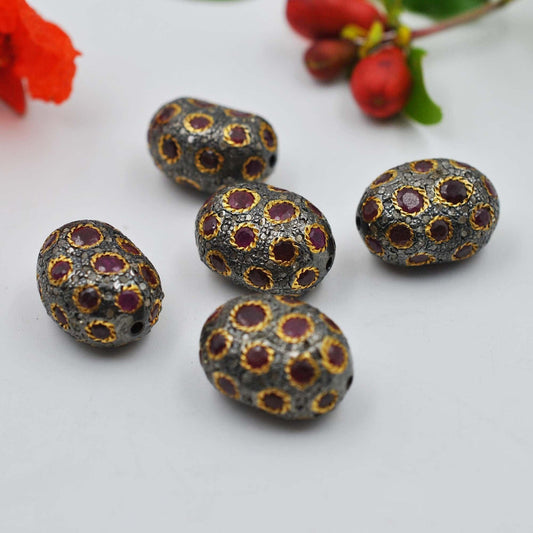 925 Sterling Silver Pave Diamond & Ruby Oval Spacer Bead