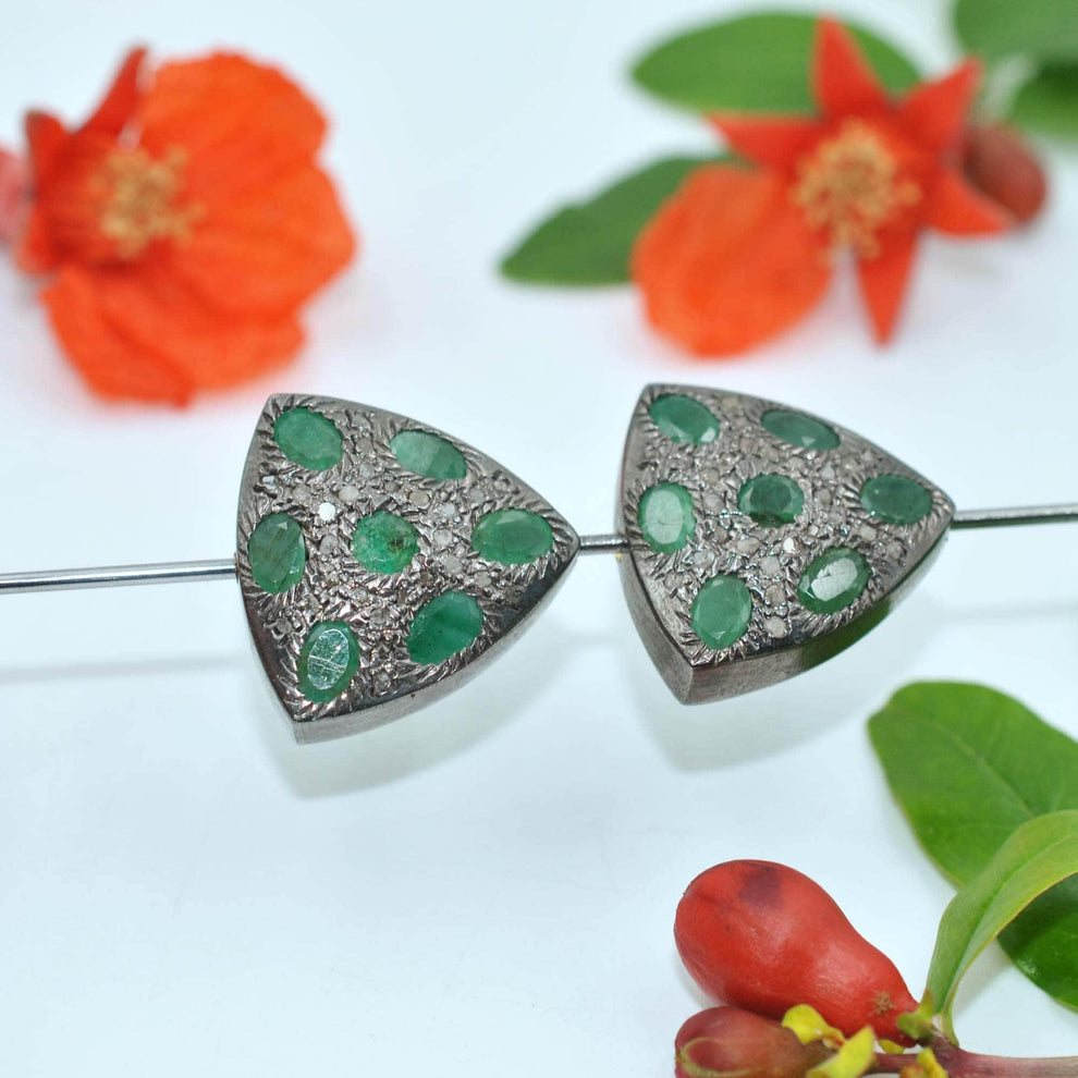 925 Sterling Silver Pave Diamond & Emerald Trillian Shape Beads