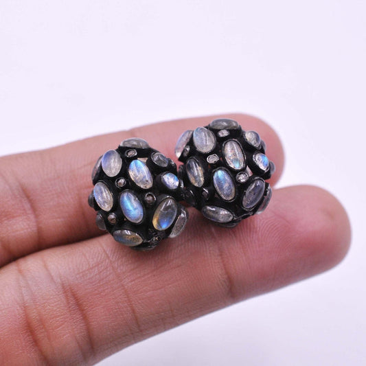 925 Sterling Silver Pave Diamond & Labradorite Beads