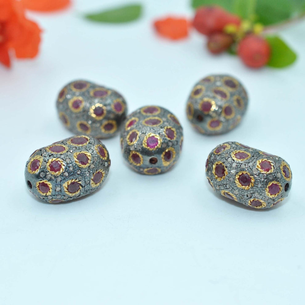925 Sterling Silver Pave Diamond & Ruby Oval Spacer Bead