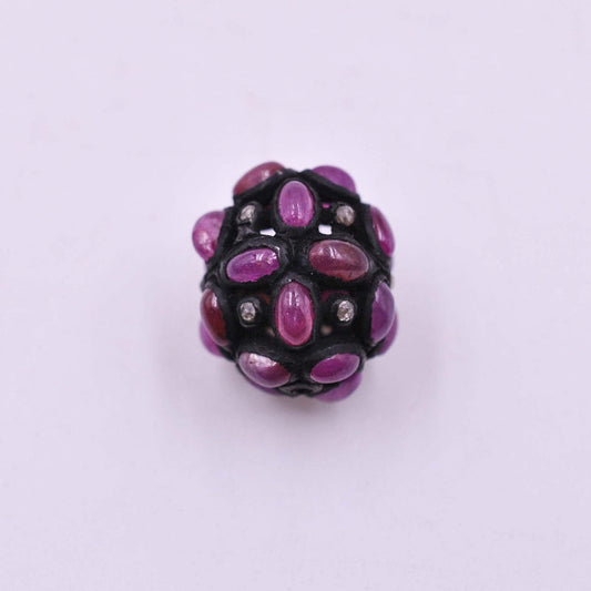 925 Sterling Silver Pave Diamond & Ruby Oxidized Spacer Bead