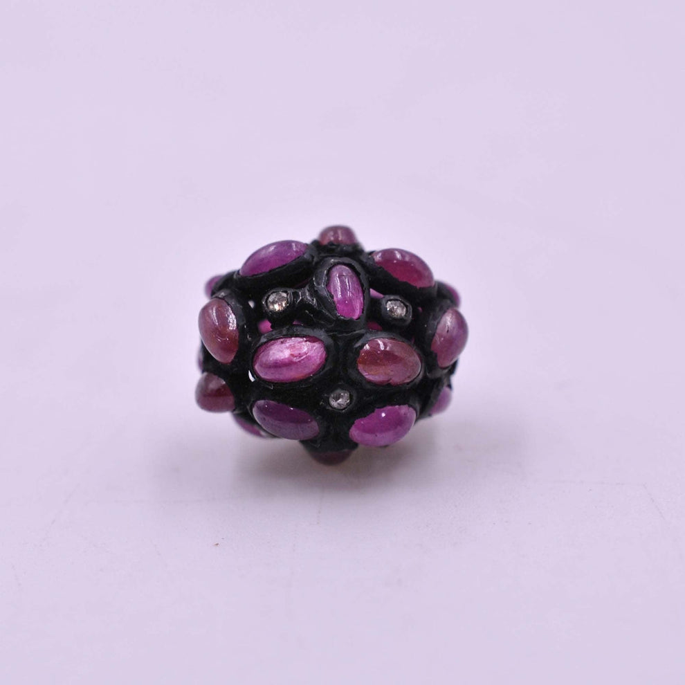 925 Sterling Silver Pave Diamond & Ruby Oxidized Spacer Bead