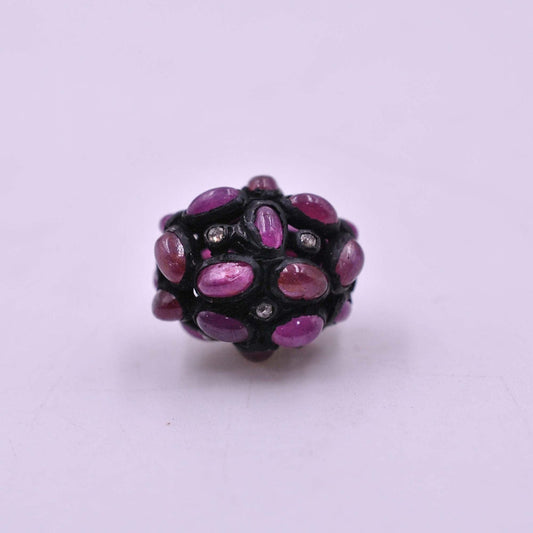 925 Sterling Silver Pave Diamond & Ruby Oxidized Spacer Bead - view 3