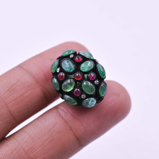 925 Sterling Silver Pave Diamond with Ruby & Emerald Beads