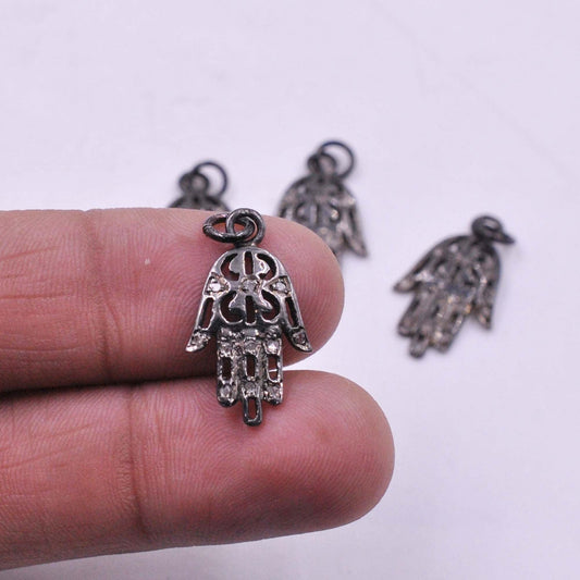 925 Sterling Silver Pave Diamond Oxidized Hamsa Hand Charms - SAR Gems