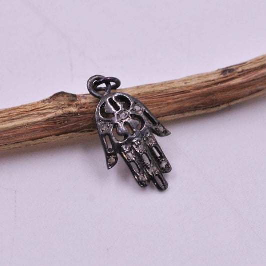 925 Sterling Silver Pave Diamond Oxidized Hamsa Hand Charms - SAR Gems