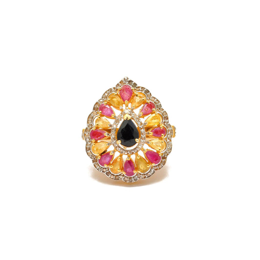 Multi Gemstone Diamond Victorian 18k Gold Ring Size 7 - SAR Gems