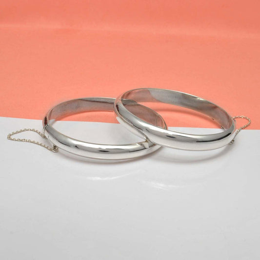 Silver Hinged Bangle Bracelet with Security Chain - 8mm/9mm