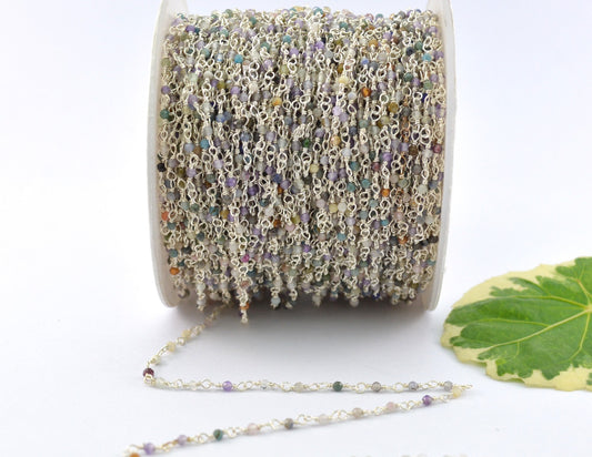 925 Silver Gold Rosary Chain with Multi Stone - 2mm