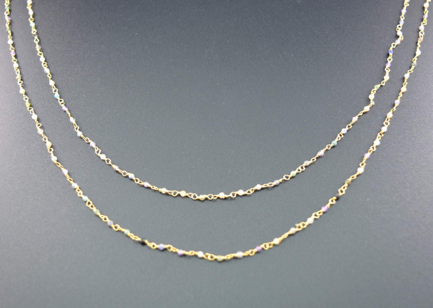 925 Silver Gold Rosary Chain with Multi Stone - 2mm