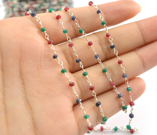 Hydro Emerald & Ruby & Sapphire Rosary Chain, 925 Sterling Silver, 2mm Faceted - view 3