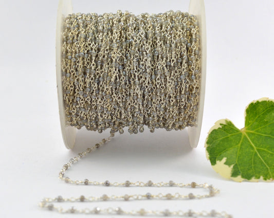 Labradorite Rosary Chain - 925 Silver Gold, 2mm