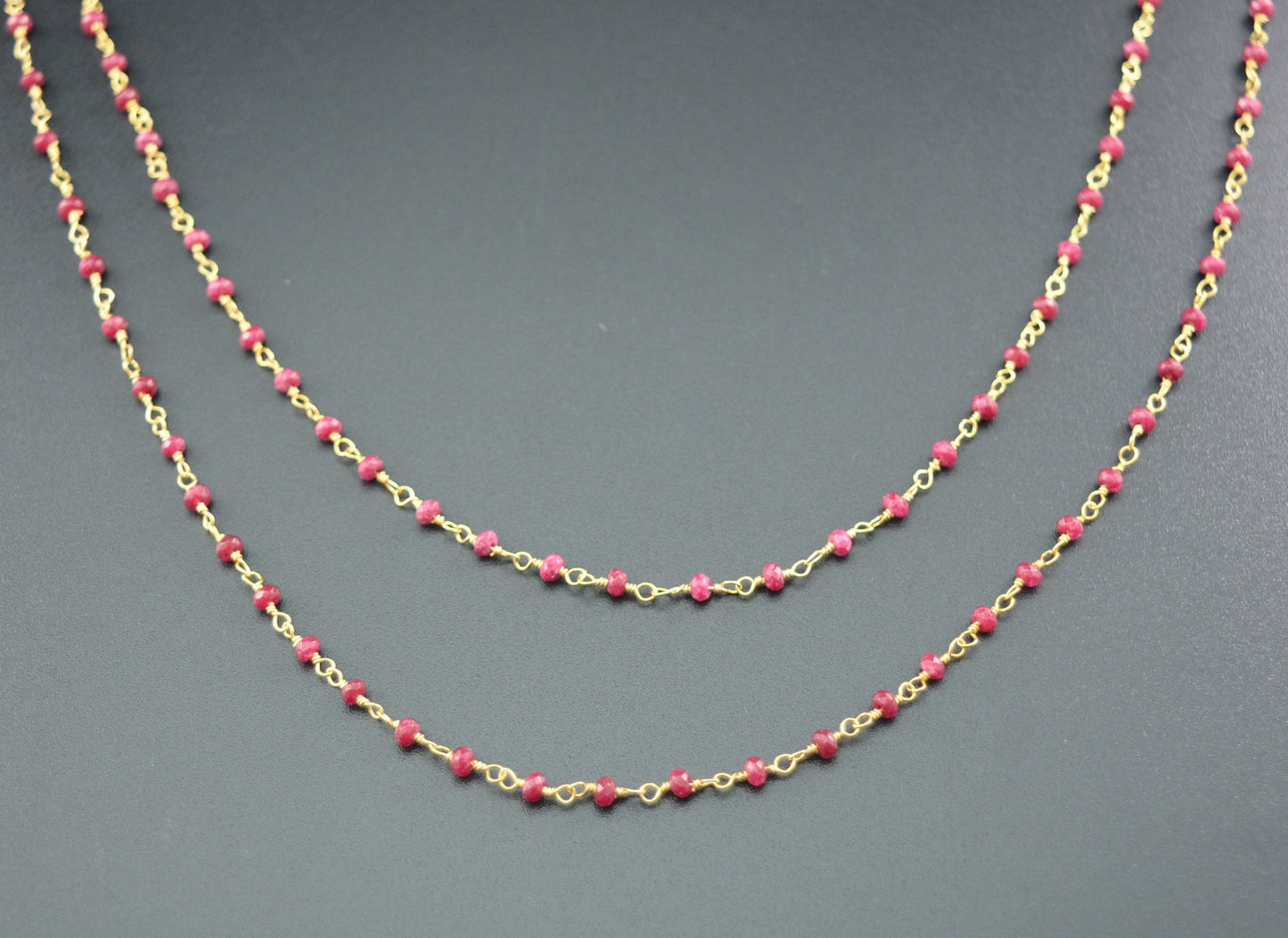 Stylish Ruby Rosary Chain in 925 Silver Gold - 2mm