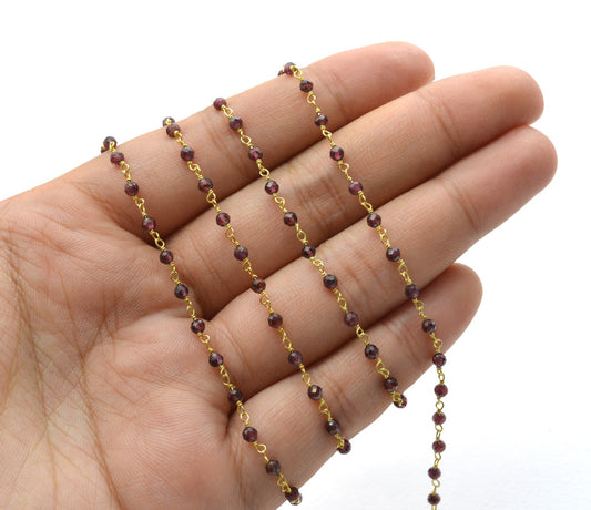 Vintage Garnet Rosary Chain in 925 Silver Gold - 3mm