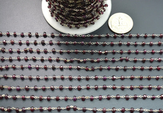 Garnet Rosary Chain - 925 Silver Gold, 3.50mm