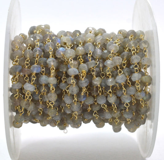 Labradorite Rosary Chain, 925 Sterling Silver, 3.5mm Faceted - view 3