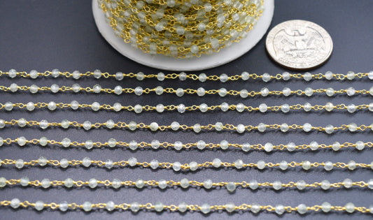 925 Silver Gold Rosary Chain with Prehnite - 3mm