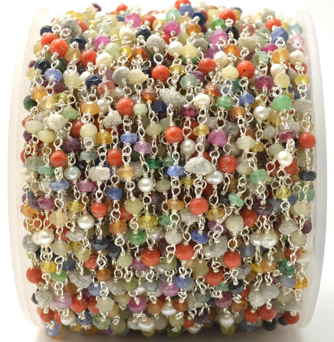 Multi Stone Rosary Chain - 925 Gold Silver, 3mm