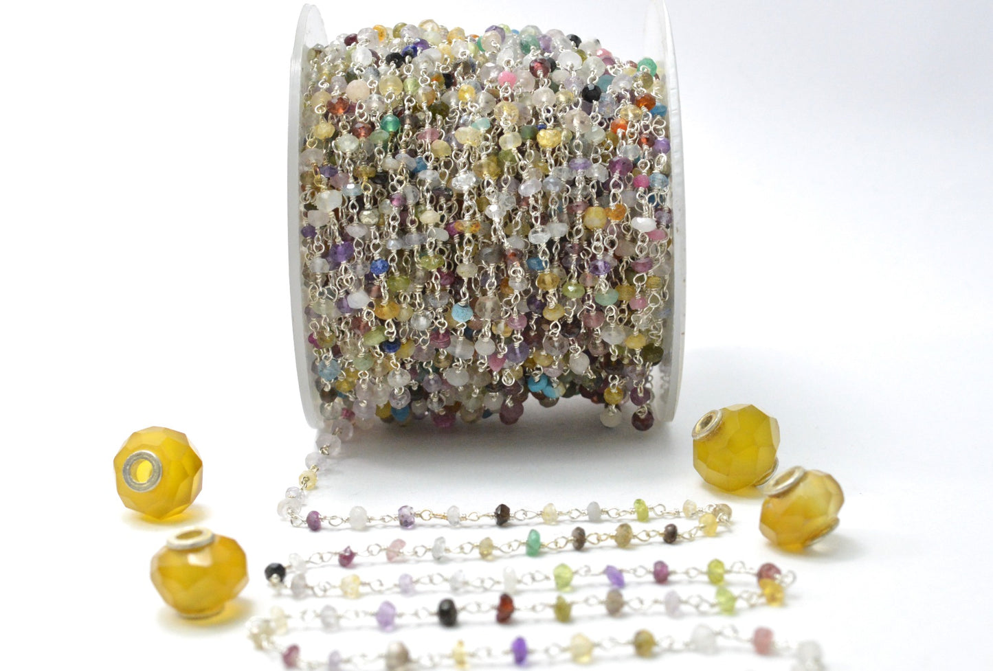 Stylish Multi Stone Rosary Chain in 925 Gold Silver - 3mm