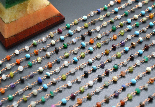 925 Gold Silver Rosary Chain with Multi Stone - 3mm