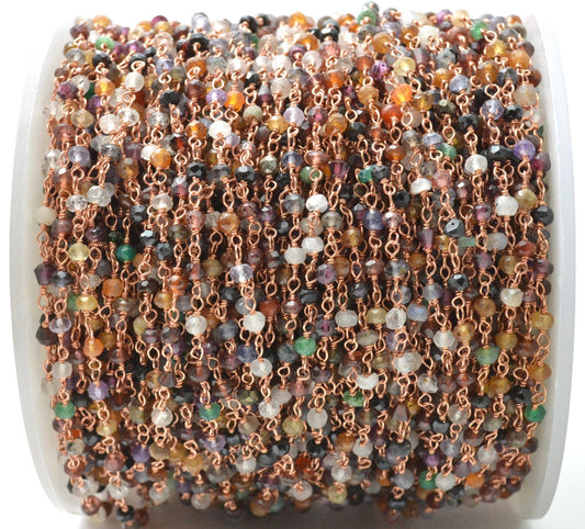 Multi Stone Rosary Chain - 925 Silver Gold, 3mm