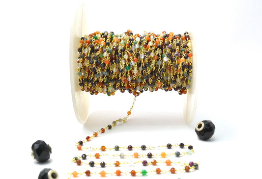 Stylish Multi Stone Rosary Chain in 925 Silver Gold - 3mm