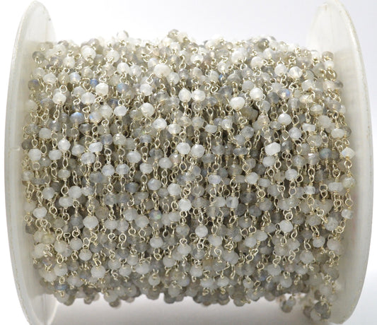 Moonstone & Labradorite Rosary Chain, 925 Sterling Silver, 3mm Faceted - view 3