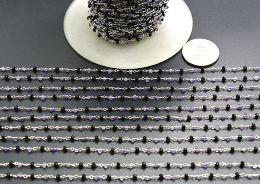 Black Spinel & Amethyst Rosary Chain, 925 Sterling Silver, 3mm Faceted - view 3