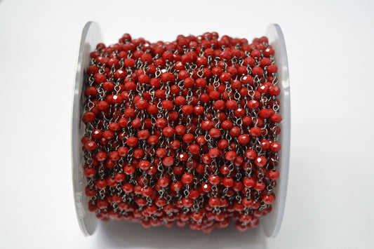 Red Chalcedony Rosary Chain, 925 Sterling Silver, 3mm Faceted - view 3
