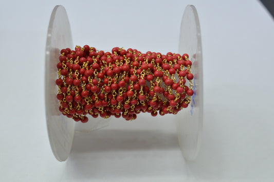 Red Coral Rosary Chain, 925 Sterling Silver, 3mm Smooth - view 3