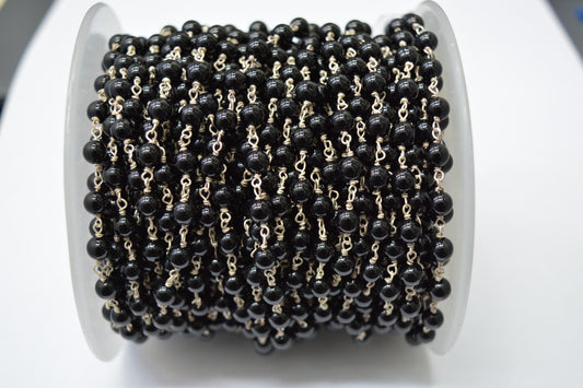 Black Onyx Rosary Chain, 925 Sterling Silver, 4mm Smooth - view 3