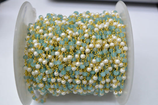 Pearl & Apatite Jade Rosary Chain, 925 Sterling Silver, 3mm Smooth - view 3