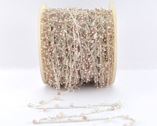 Strawberry Quartz Rosary Chain, 925 Sterling Silver, 2mm Smooth - view 3