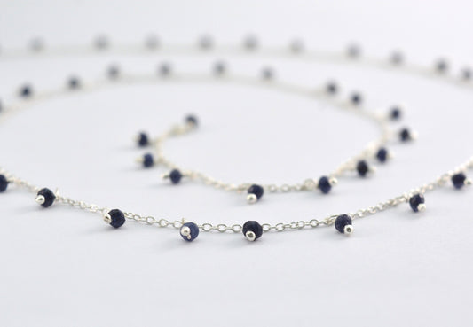 Blue Sapphire Jade Rosary Chain, 925 Sterling Silver, 2mm Faceted - view 3