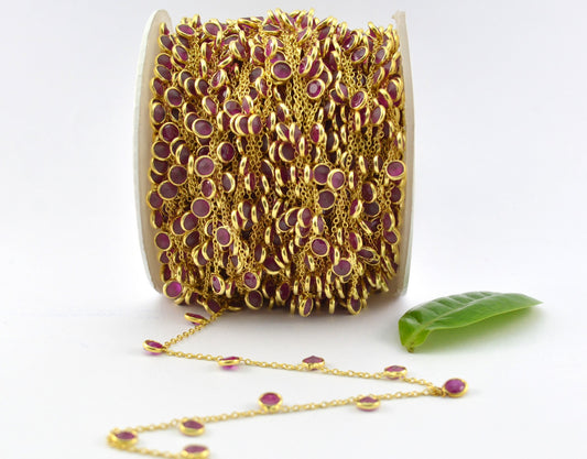 Ruby Rosary Chain - 925 Silver Gold, 4mm