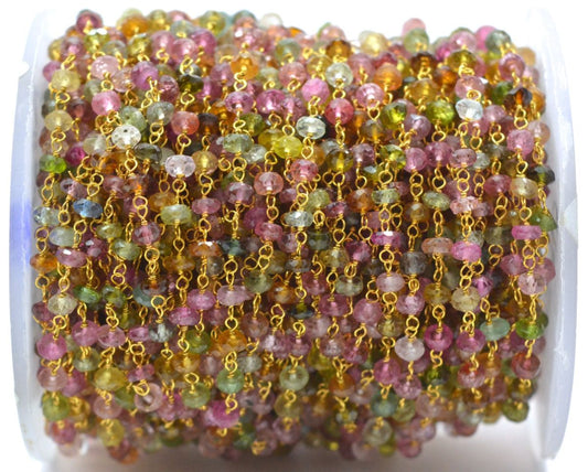 18k Solid yellow Gold Rosary Chain With AAA Quality in Roundel Faceted - Multi Tourmaline, 3mm