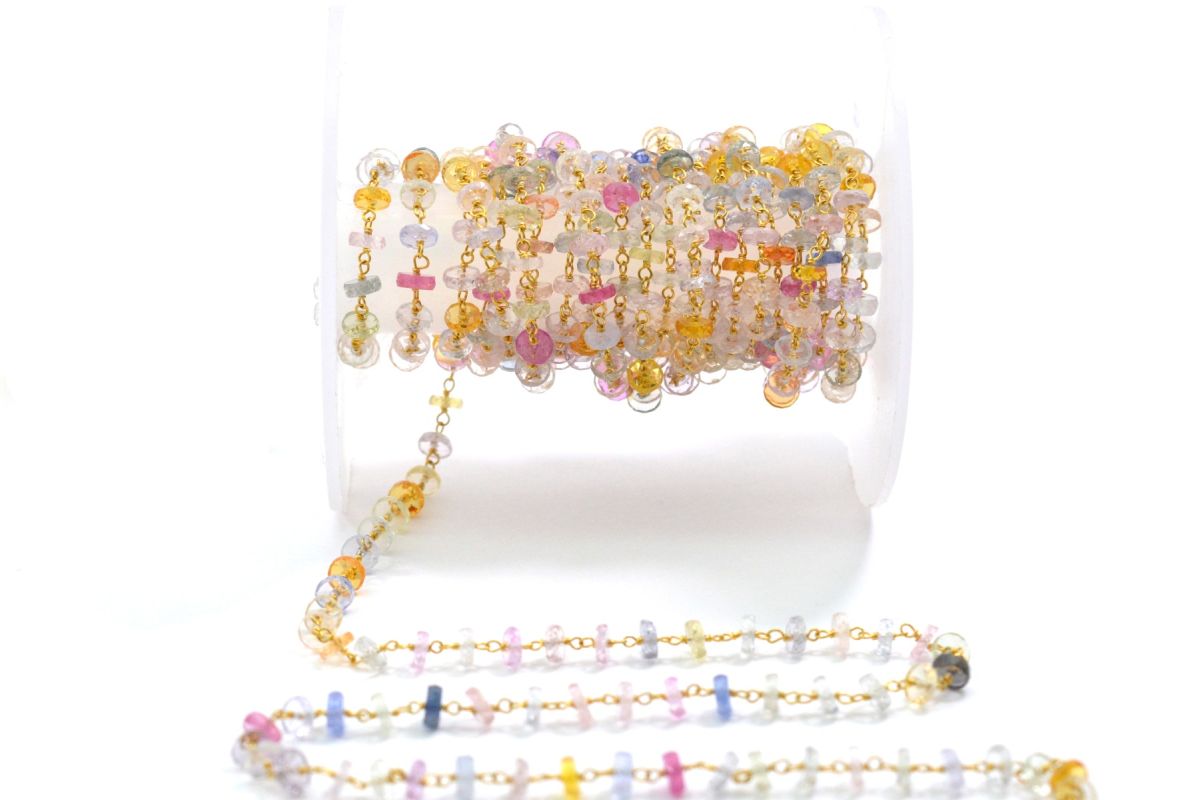 18K Solid Yellow Gold, Gorgeous Handmade Wire Wrapped with AAA Quality Coin Faceted Natural Multi Sapphire Beads. Shape 4 MM Rosary Chain. Sold By 1 Inch, SGGRC-003