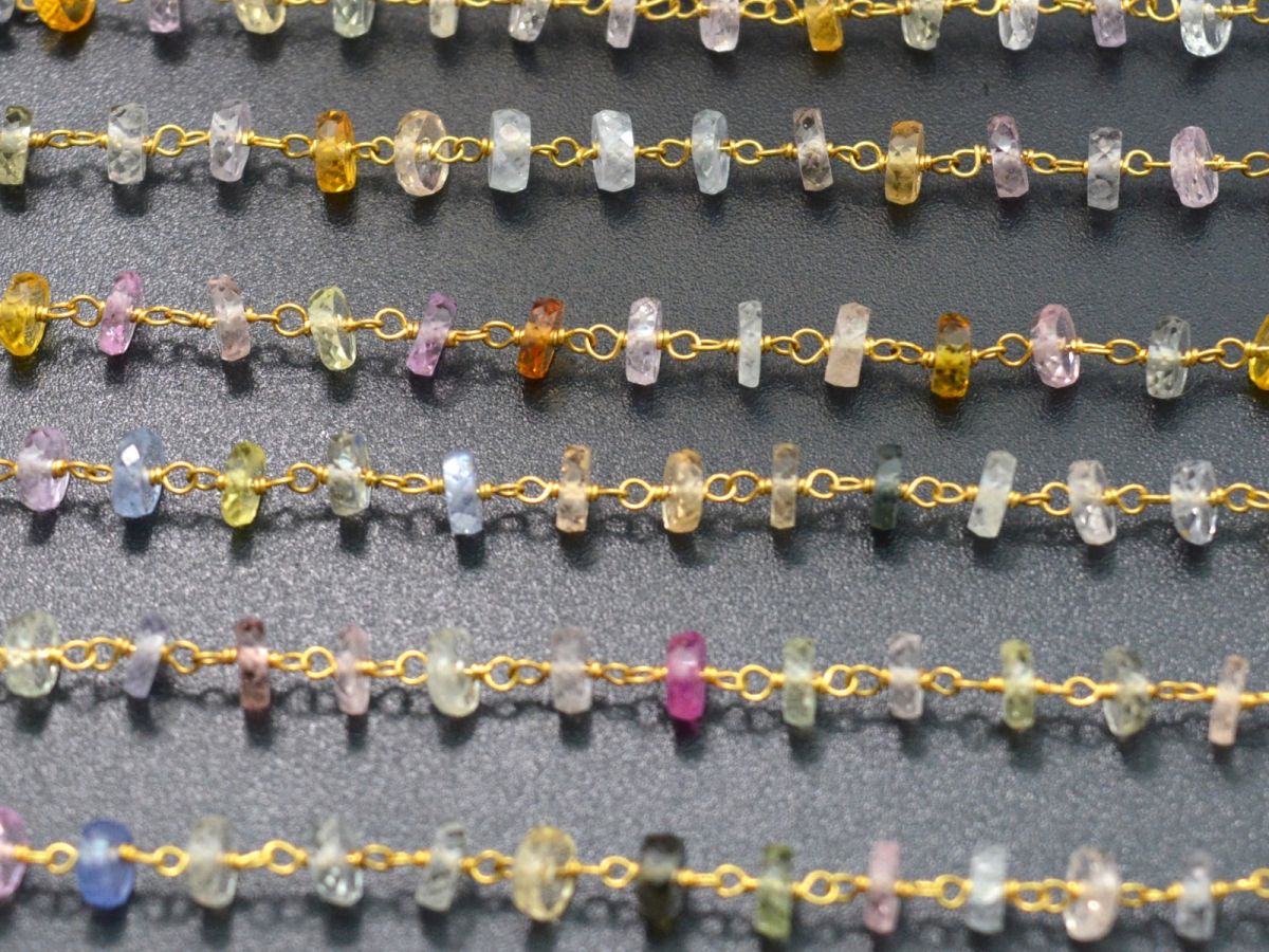 8K Solid Yellow Gold, Gorgeous Handmade Wire Wrapped with AAA Quality Coin Faceted Natural Multi Sapphire Beads. Shape 4 MM Rosary Chain.