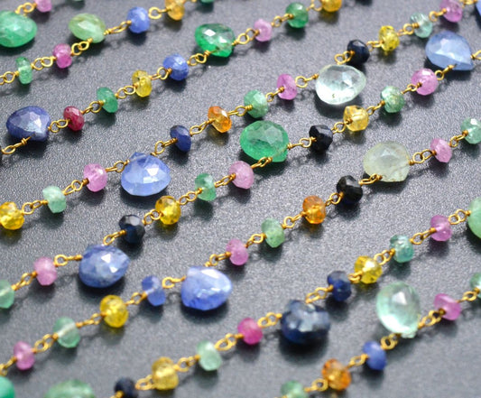 Handmade 14k Solid Gold Rosary Chain in Heart and Roundelle Shape - Multi Sapphire , 6mm - SGGRC-004, Sold By 1 Inch.