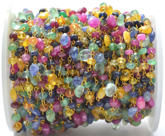 Stunning 14k Solid Gold Rosary Chain With Multi Sapphire Stone - 5mm Size - SGGRC-005, Sold By 1 Inch.